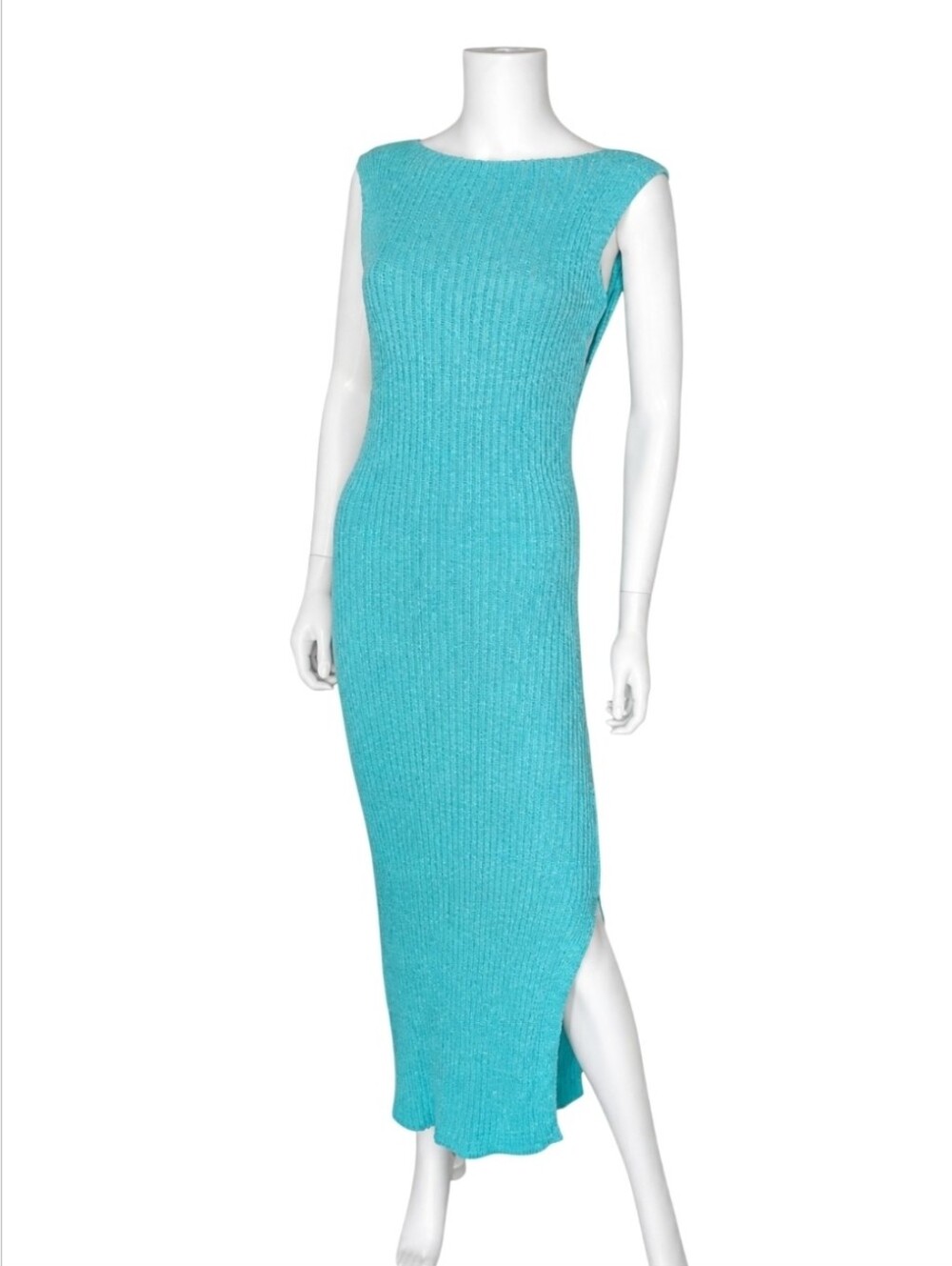 ANNA QUAN | Drew Rib Knit Bodycon Midi Dress Left Slit Blue US 12